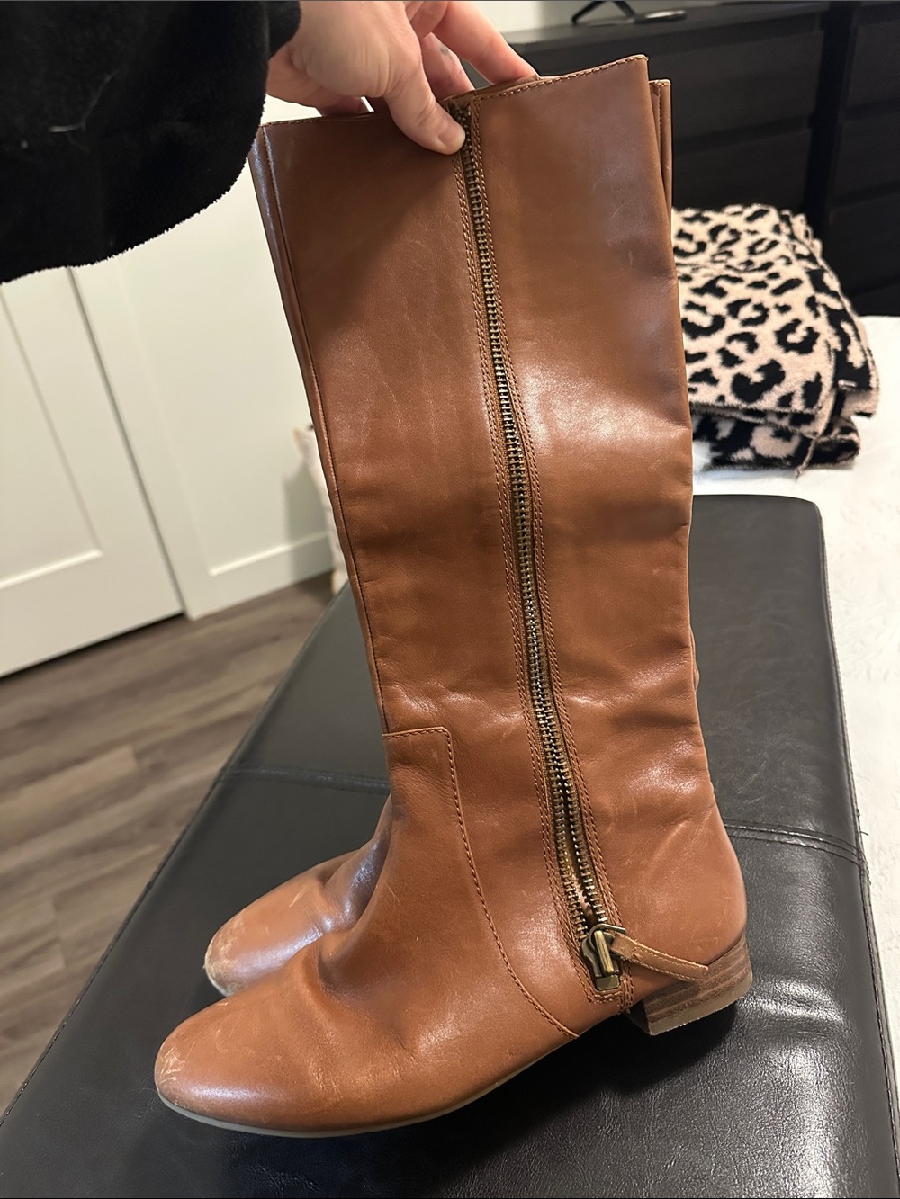 Nine West Cognac Brown Leather Knee Boots with Side Zip - Picture 7 of 10